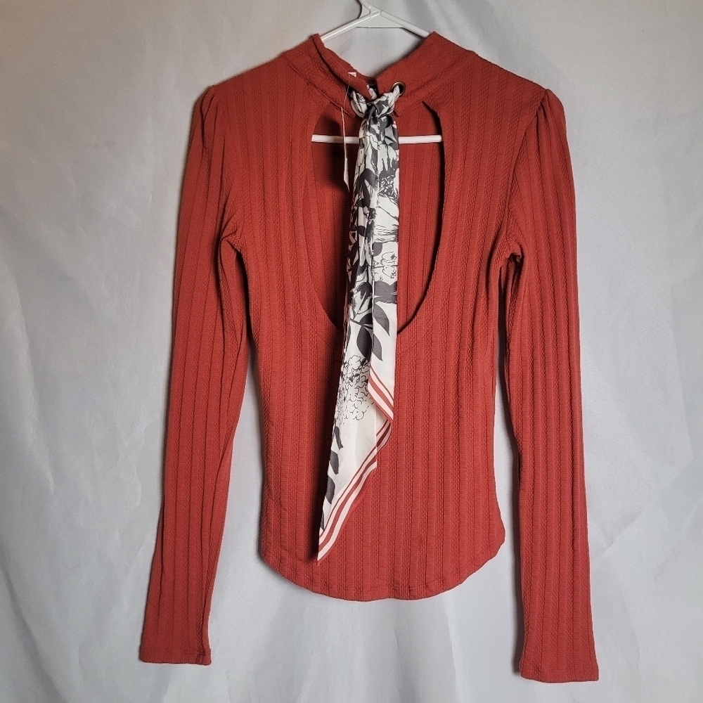 NWT Free People Canyon Red Mock Neck Scarf Tie Open Back Top Size S